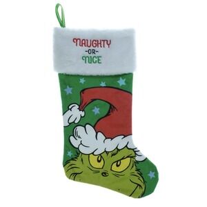 Grinch Naughty or Nice 20-inch Christmas Stocking Green Velvet Embroidered Gift